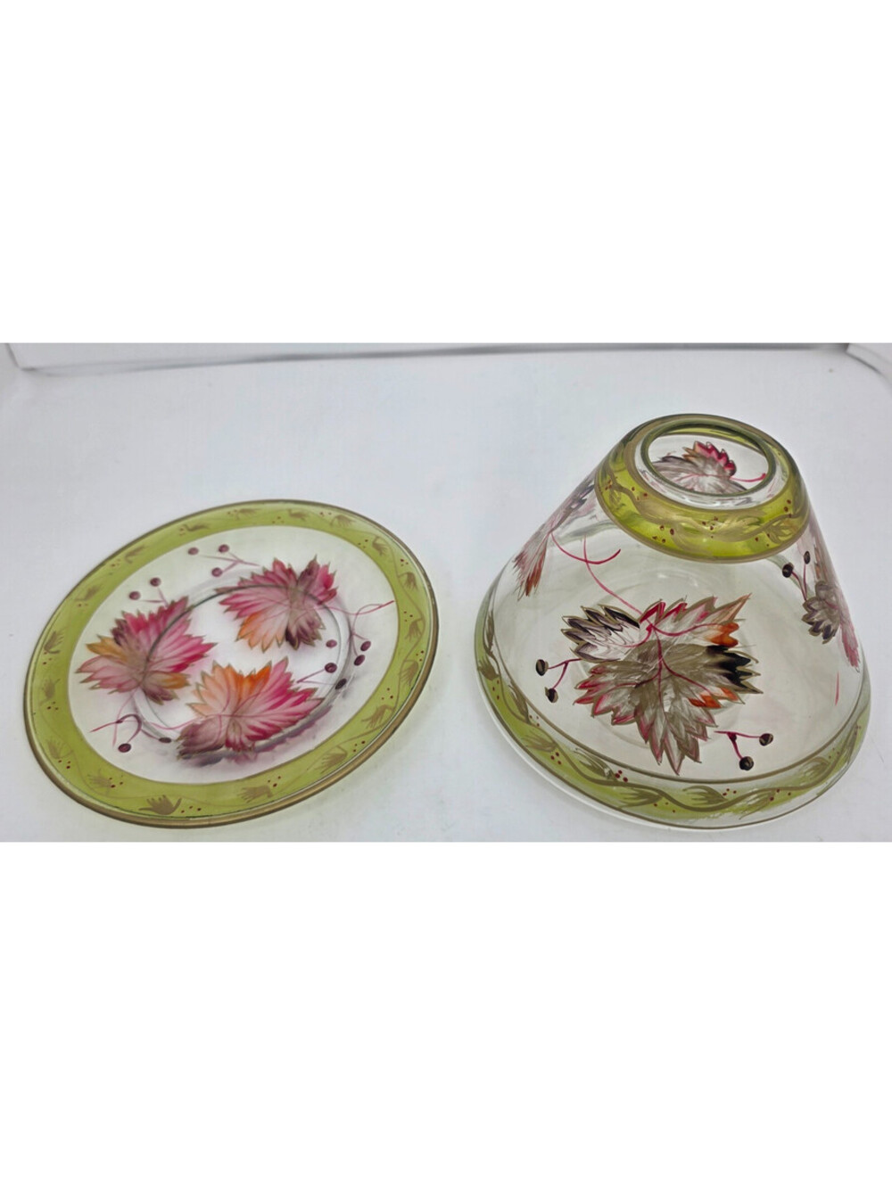 Yankee Candle Shade & Plate Set Hand Painted Glass Autumn Maple Leaf Fall Vtg